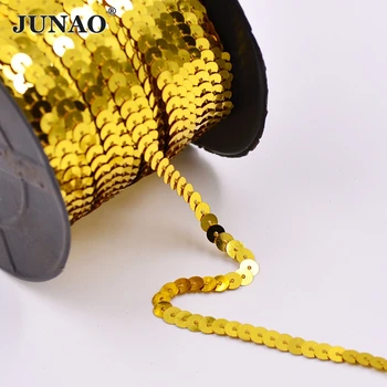

JUNAO 6mm Sewing Sequins Paillette Trim Flat Round Sequins in Roll For Clothes Crafts 15 Color 100 Yard for Needlework