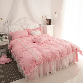 

Pure cotton lace Bedding Set pink Duvet Cover Set Bed Linen Tassels Luxury princess bed skirt sets twin queen king bedclothes