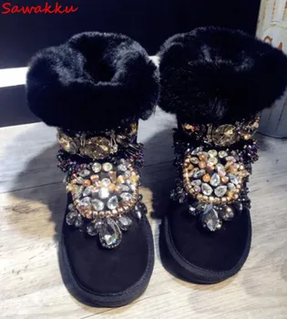 

Warm Real Fur Ankle Snow Boots Platforms Slip On Black Suede Leather Shoes Woman Bling Rhinestone Beads Winter Boots Women