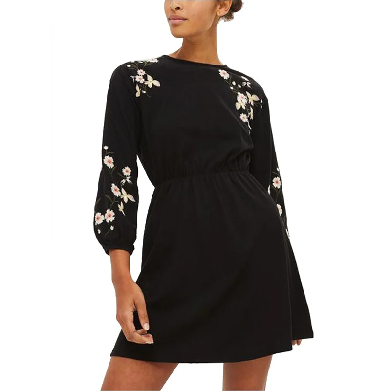 NYMPH Flower Embroidery Women Black Dress Long Sleeve Vintage Casual
