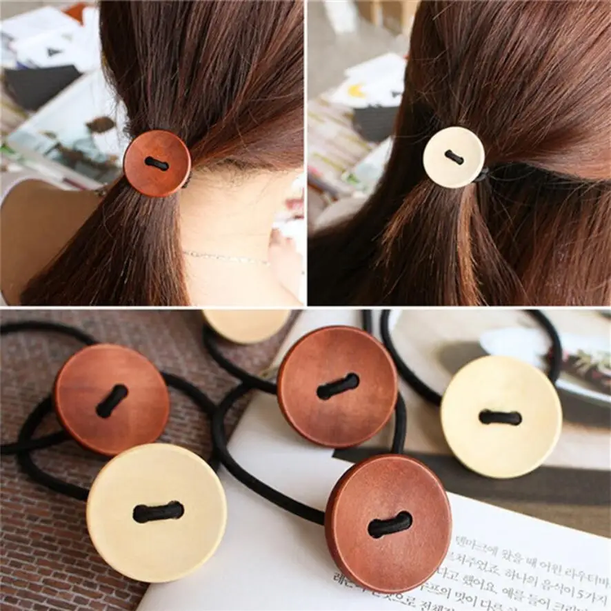 

2017 New Summer Style Solid wood Button Hair Accessories for Girls Kids Women Elastic Hair Bands Rubber Bands Headwear