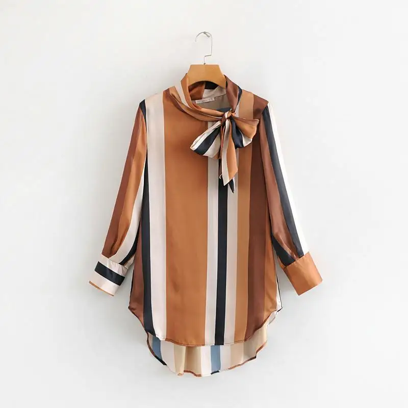 Tangada рубашка женская полосатая рубашка коричневая рубашка бежевая рубашка блузка с бантом длинная рубашка оверсайз блузка прямой крой дизайнерская блуза офисный стиль HY21 - Цвет: striped