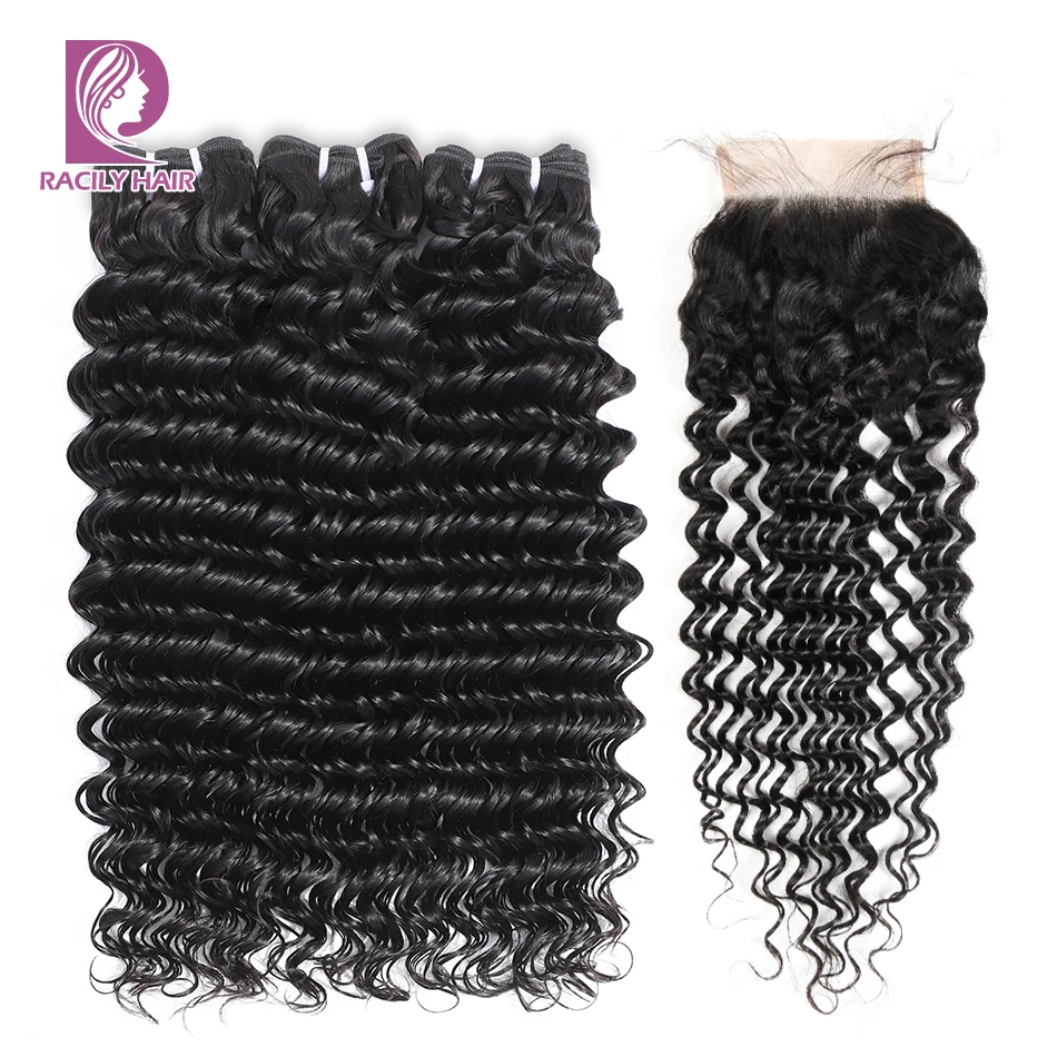 

Racily Hair Natural Black Brazilian Deep Wave Bundles With Closure 3/4 Bundles With Closure Remy Human Hair Bundles With Closure