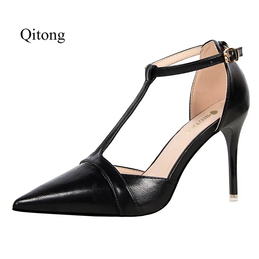 Euro Size 34-39 T-Strap Woman Thin High Heels Sexy Pumps Pointed Toe Nightclub Women's Shoes for Weddings and Party Nude Color