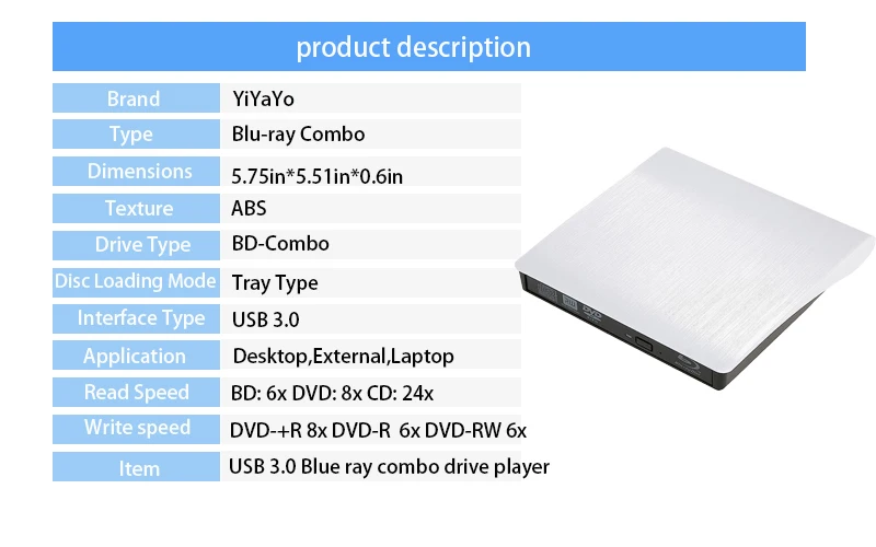 YiYaYo USB 3,0 Blu-Ray плеер DVD/BD-ROM CD/DVD RW горелка Писатель воспроизведение 3d фильм Внешний DVD привод портативный для Windows 10/MAC OS