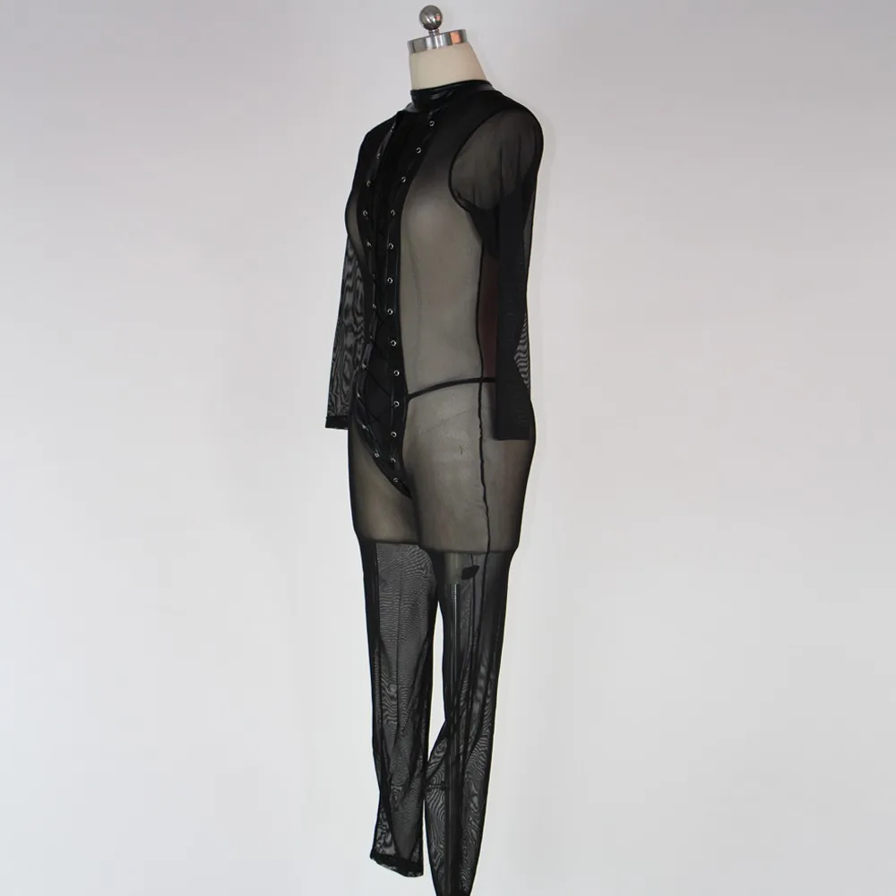 Боди Femme, сексуальный черный кружевной комбинезон, эротический сетчатый прозрачный длинный комбинезон с длинным рукавом, женский сексуальный костюм для танцев на шесте