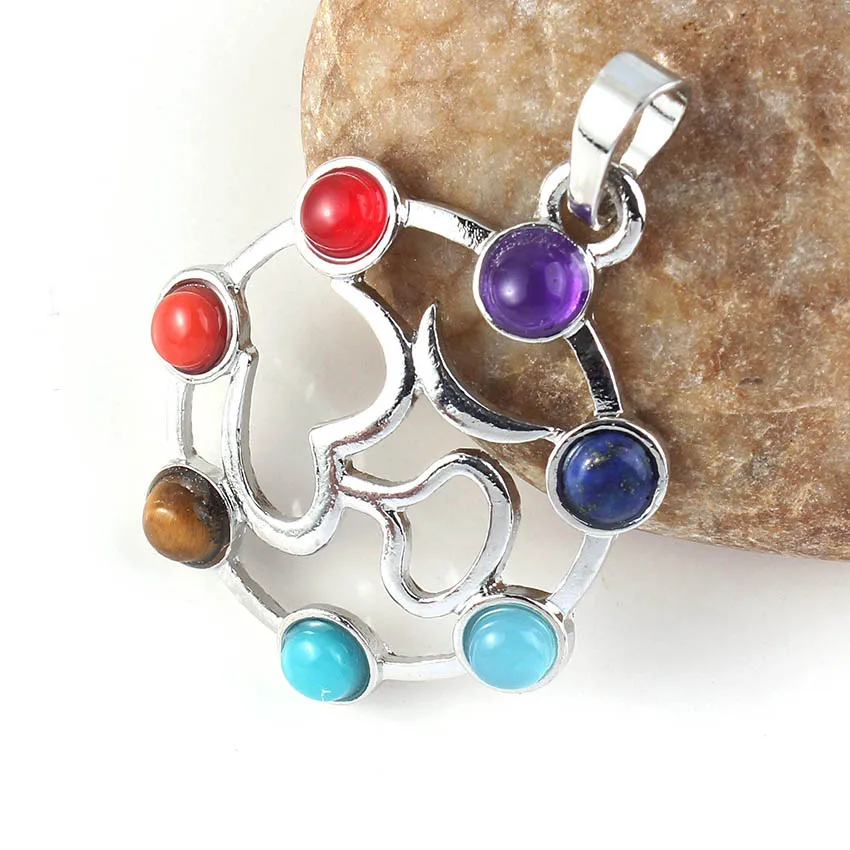 Natural Gnergy Gemstone~ Silver Plated Natural Healing 7 Chakra Beads Stone 3D Energy Symbol Stone Pendant Women Men Jewelry 2 AA00201026901a
