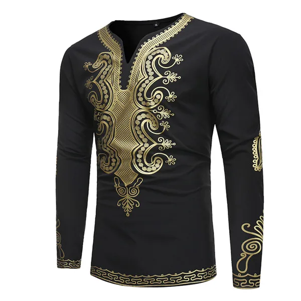 2018 African national costume printing V- neck long sleeve T shirt long men's men's T-shirt Embroidery mens african clothing (6)