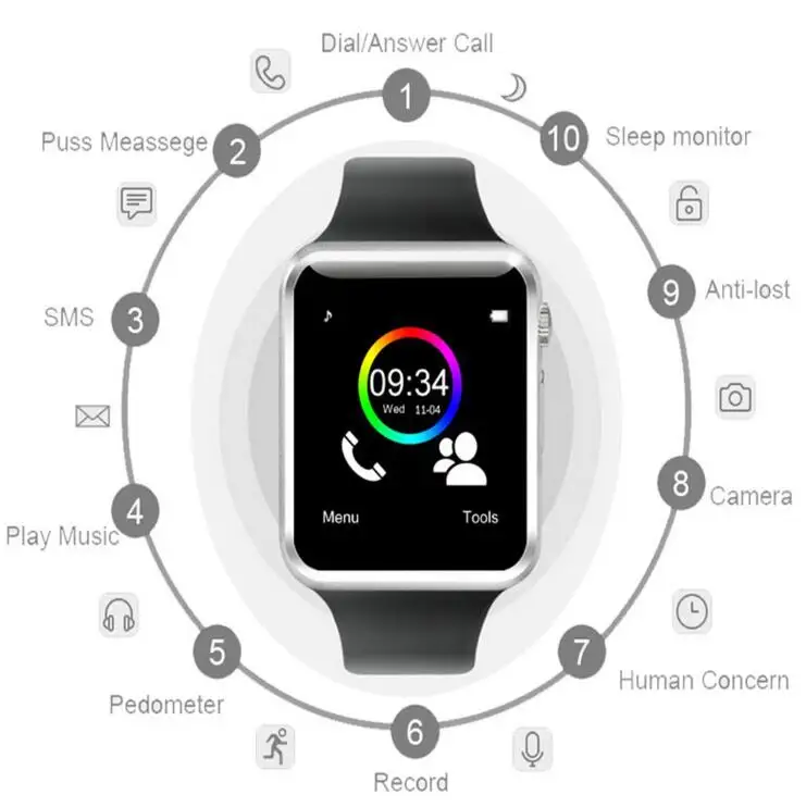 Наручные часы A1 Bluetooth Смарт часы спортивные Шагомер с sim-камерой Smartwatch для Android смартфонов Россия T15 PK DZ09