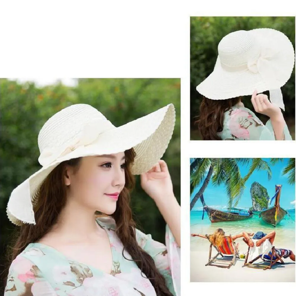 Women Colorful Big Brim Straw Bow Hat Sun Floppy Wide Brim Hats Beach