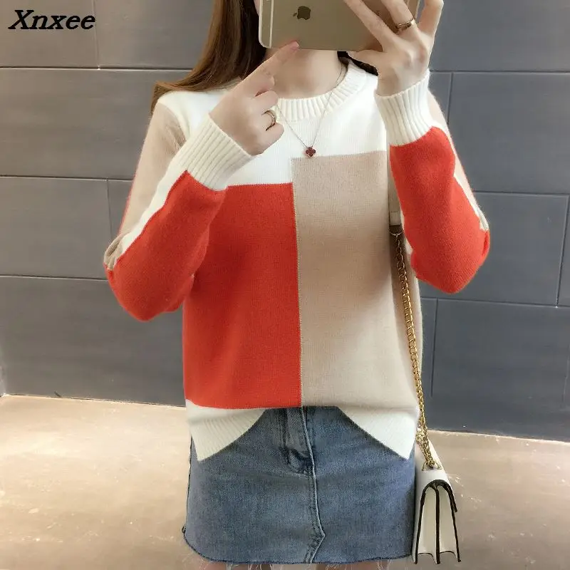 Spring Autumn Women Sweater Pullover 2018 New Fashion Colorblock O-neck Loose Knit Bottom Sweater Large size Women Clothing 230