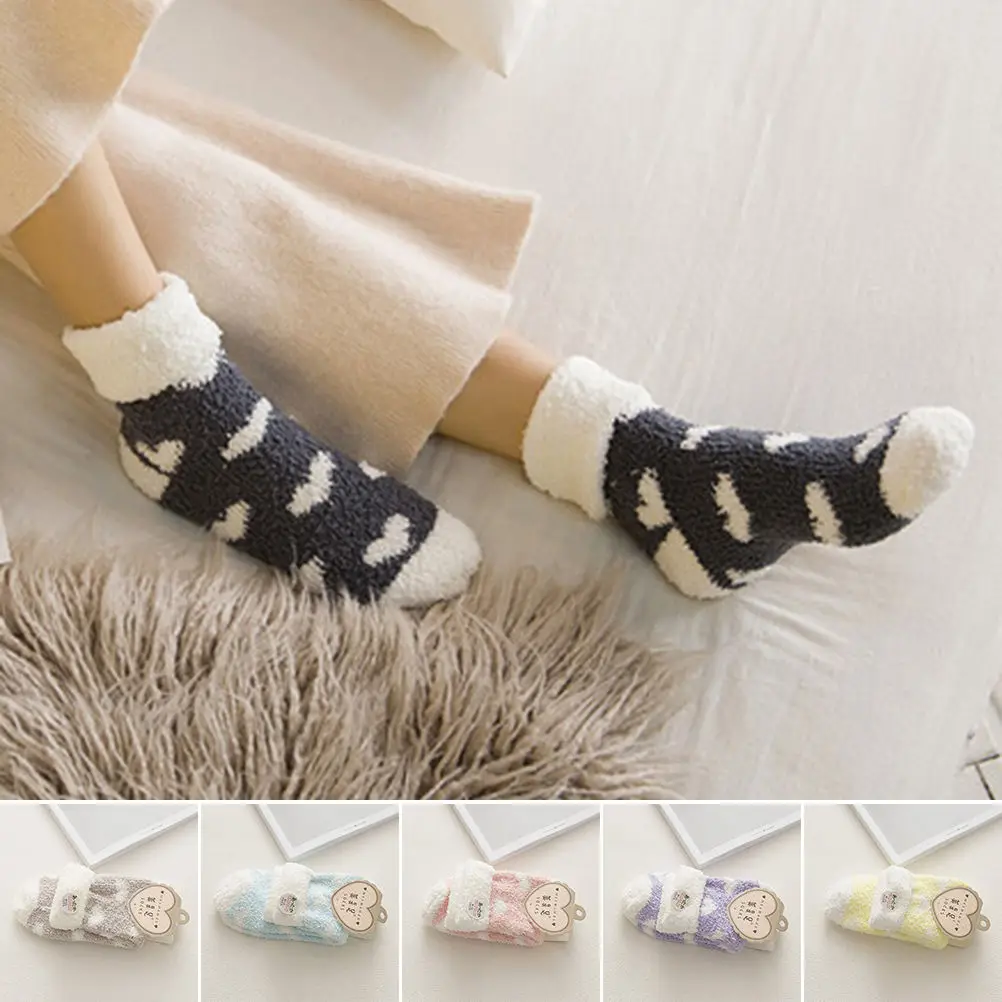 

1Pair Coral Fleece Bed Sleep Socks 6 Color Women Long Winter Warm Socks Lined Slipper Non Slip Casual Home Floor Sock