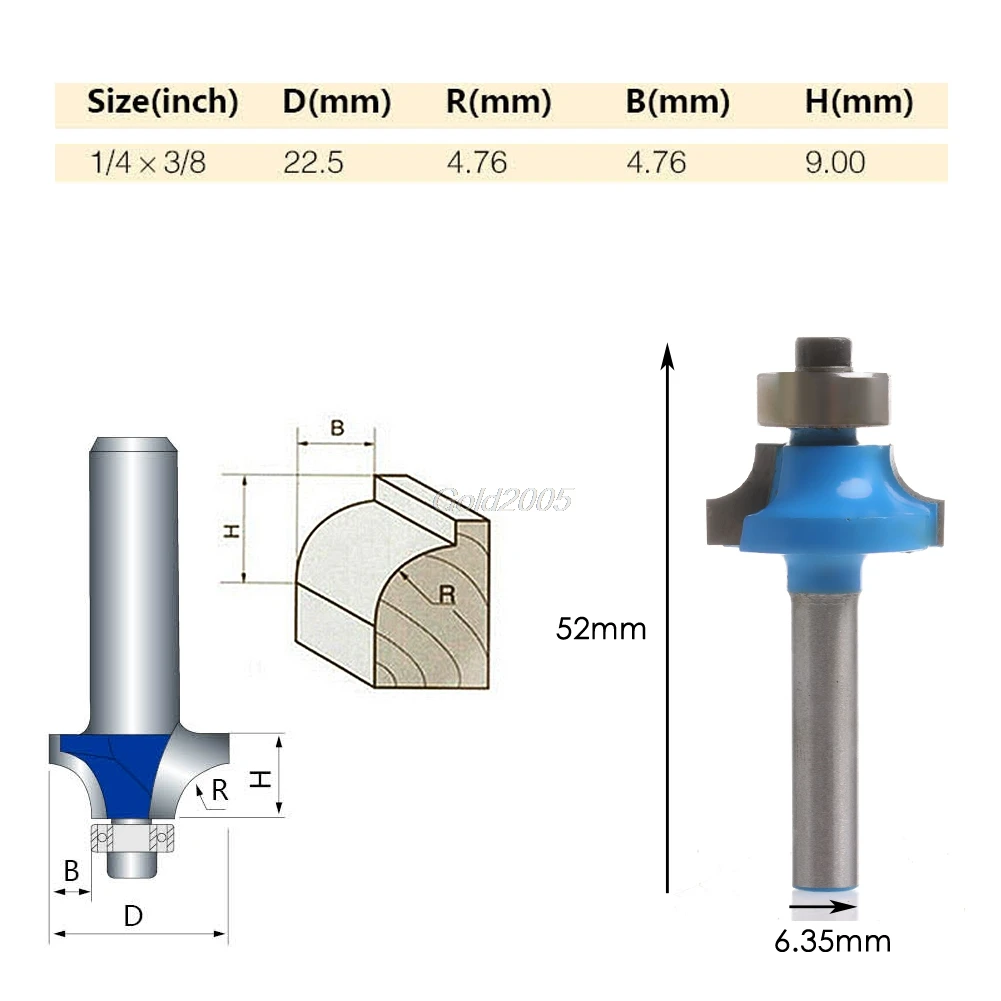 1//4/" Shank 3//8/" Radius Round Over Router Bit Woodworking Chisel Cutter Tool