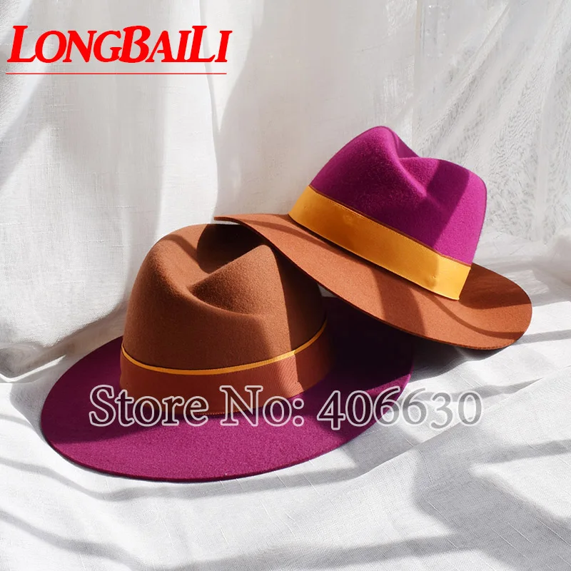 

Winter Patchwork 100% Quality Wool Felt Fedora Hats For Women Wide Brim Sun Caps Free Shipping PWFE055
