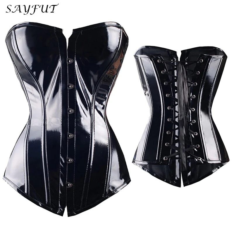 

X Sexy Black PVC Vinyl Gothic corset Black Burlesque Lingerie Bustier lingerie Steampunk Overbust shapewear Size S M L XL XXL
