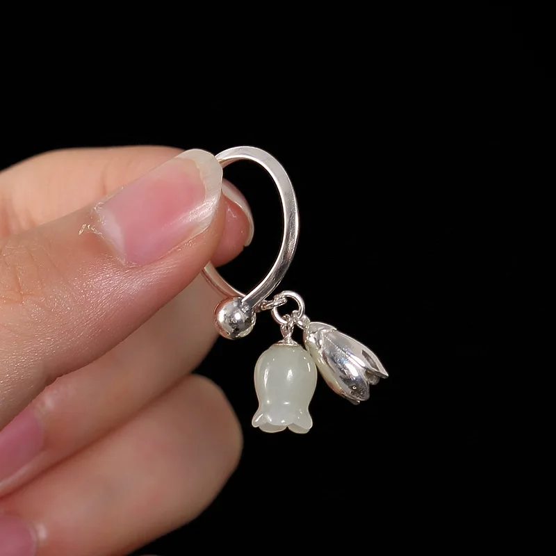 925 Sterling Silver Jade Rings Engraved Flores Convallariae Simple Vintage Natural Gemstones Rings For Women Bagues Argent Femme