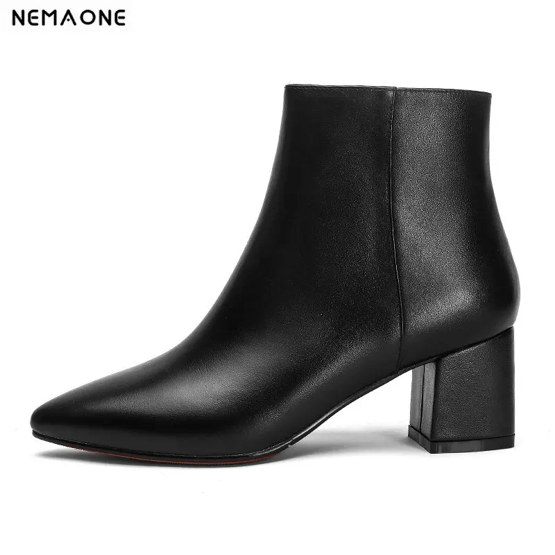 

NEMAONE Women Ankle Boots Genuine Leather High Heels Shoes Woman poined toe Concise Office Basic Boots size 41 42 43
