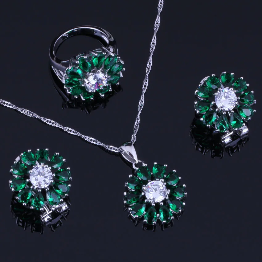 

Fascinating Green Cubic Zirconia White CZ Silver Plated Jewelry Sets Earrings Pendant Chain Ring V0313