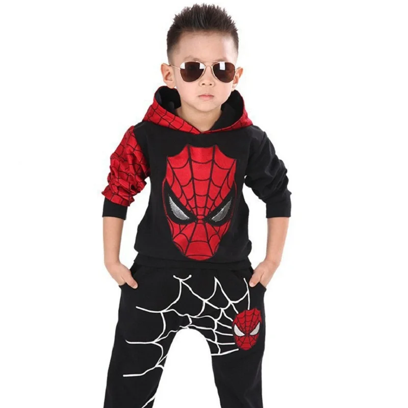 Весенне-осенний спортивный костюм с человеком-пауком для маленьких мальчиков комплект из 2 предметов, спортивные костюмы, комплекты детской одежды 3-7Y повседневная одежда, пальто+ штаны - Цвет: Черный