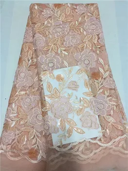 

Latest High Quality Satin Laces Nigerian Fabrics, Wedding Dress With Sequined Lace, peach color High Quality African Lace