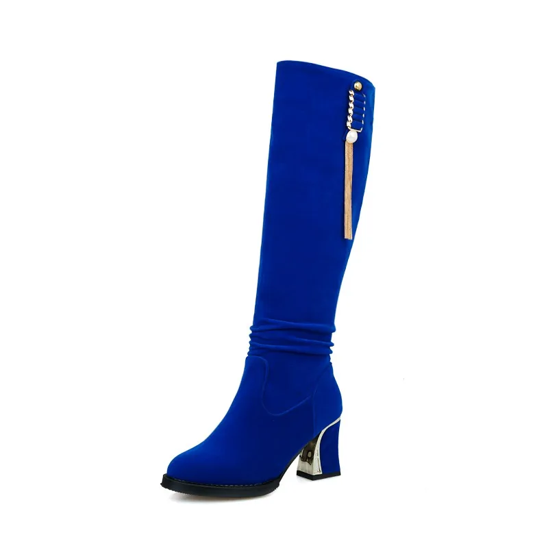 

2018 New arrival Blue Black Comfortable Cattle suede Slip-on Square heels Med heel Knee-high Women boot