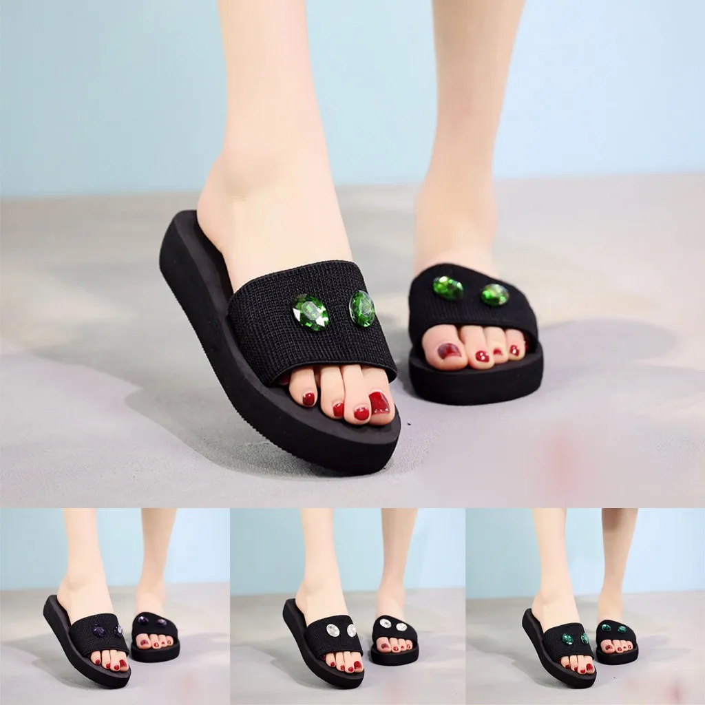 

Slipper Women Pearl Drill Flat Slides Home Bathroom Comfortable Beach Flip Flops Shoes Slippers Height Selectable Plus Size C35#