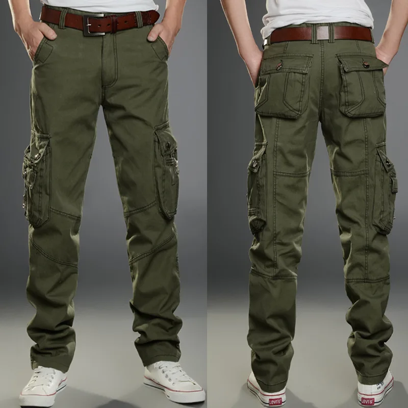 

Men's Cargo Pants New Loose Solid Color safari style Oblique Multi-pockets Male Pants Military Army Green Pants Large Size