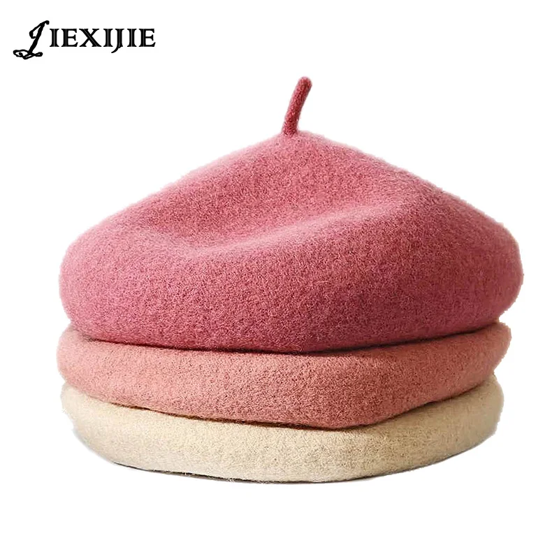 

2017 winter pure color berets hat Department 100% wool beret hat for women hats warm French Artist Hat Ski Cap Japanese Girl