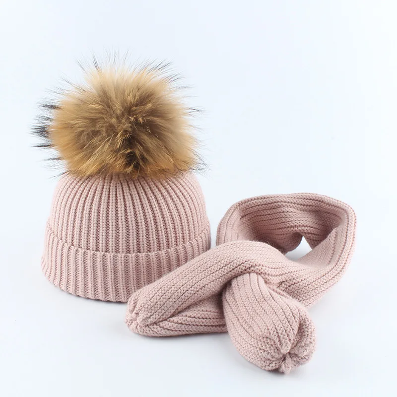 

Knit Hat Scarf Set Baby Boy Girl Winter Beanie Warm Angora Real Raccoon Fur Pompom Headwear Skiing Outdoor Accessory