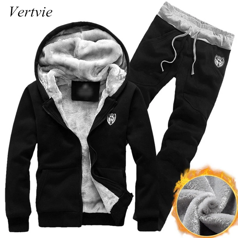 

vertvie Winter Thick Men Sports Suits Tracksuit Hoodie Sportswear Zipper Fleece Hooded Jackets+Elastic Waist Pants Running Set