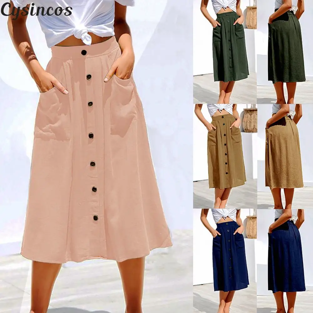 

Cysincos 2019 Summer Fashion Women's Solid-Colored Mid Long Single-Breasted Skirt High Waist Buttons Pocket Elegant Midi Skirt