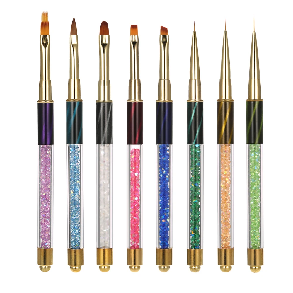 

8pcs UV Gel Nail Art Painting Pen Brushes Marten Hair Rhinestone Crystal Acrylic Handle Nail Drawing Liner DIY Flat Nail Brushes