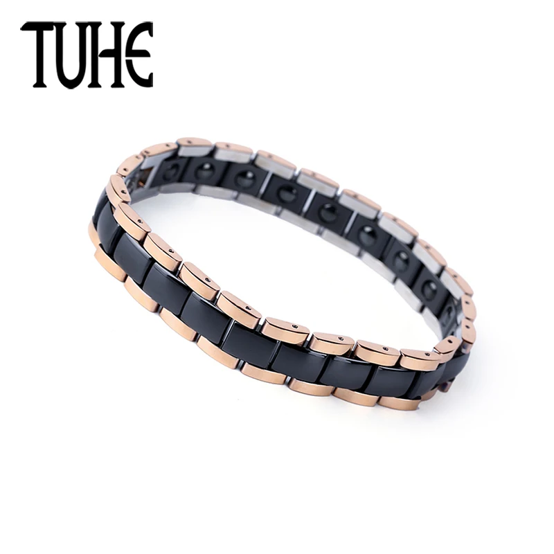 

2018 Hot Unisex Rose Gold With Black Blue Ceramic Bracelet For Women Men Healthy Magnetic Germanium Bracelets & Bangles Jewelry