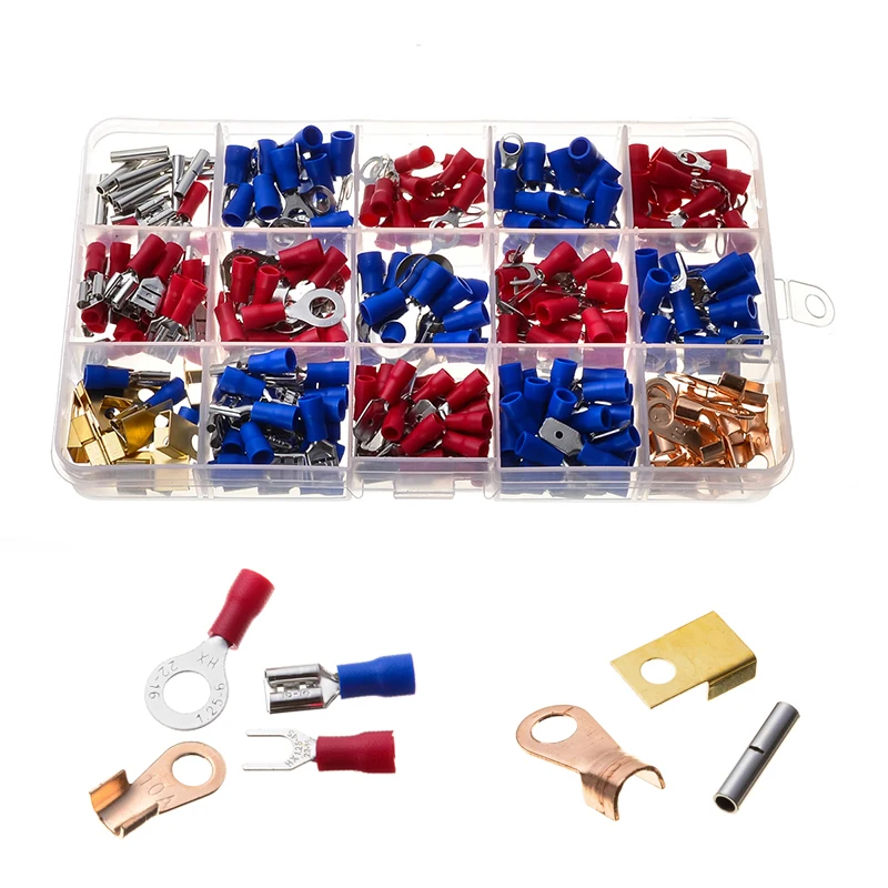 

300Pcs/Set Electrical Wire Crimp Terminals Insulated Spade Fork Ring Butt Connectors Kit Assorted Red Blue Copper
