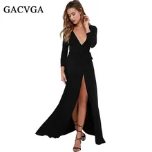 GACVGA Sexy Frauen V-ausschnitt Kleider Langarm Hohe Split Kleid Frauen Abend Bodycon Schwarze Party Kleid Vestidos