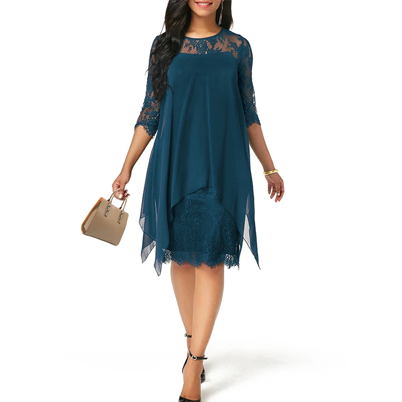 15 цветов s кружевное платье женское летнее платье больших размеров повседневное однотонное короткое платье с круглым вырезом шифоновое платье короткое платье - Цвет: Denim Blue