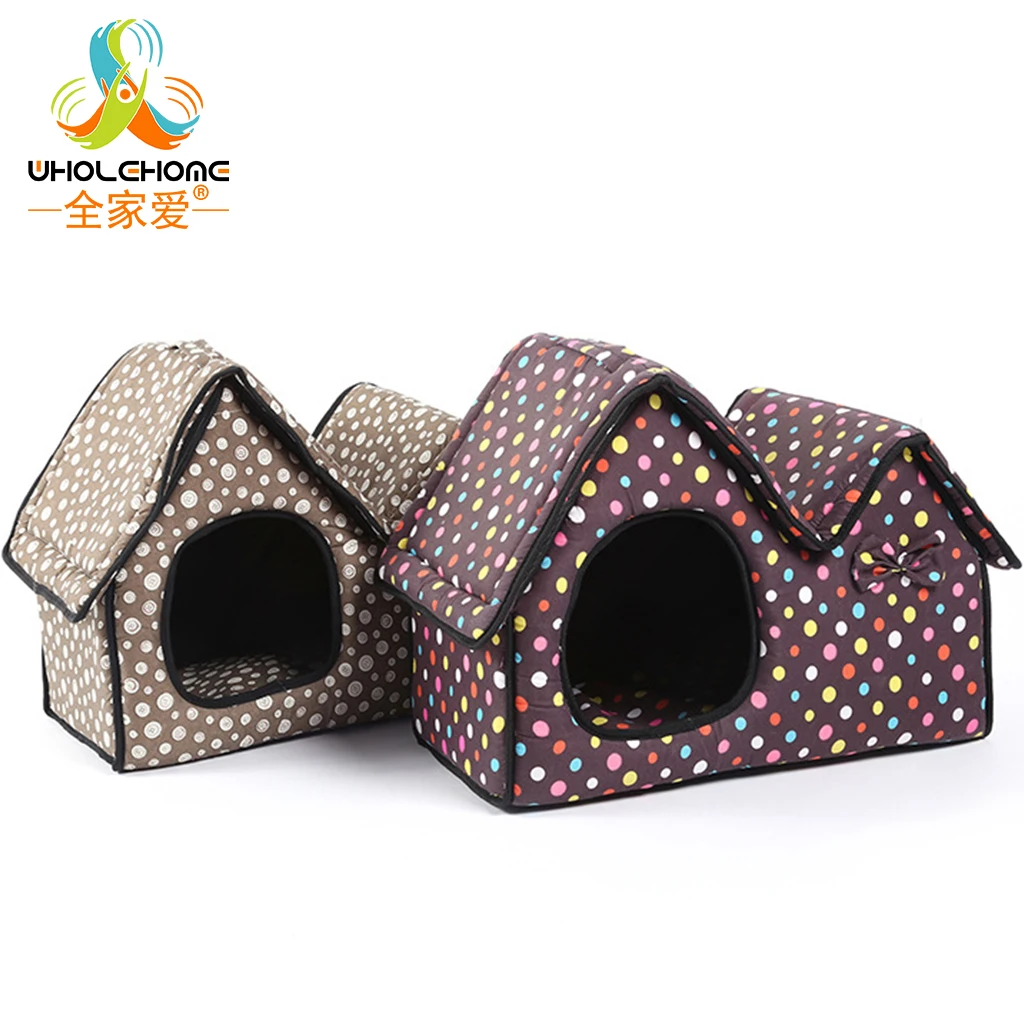 Продажа Pet Bed собака кошка щенок Дом Двойной Крышей Подушки Коврики мягкая удобная съемная крышка ручка милый сон серый коричневый точка 55x30x40 см