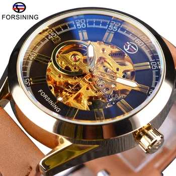 

Forsining West Cowboy Military Wrist Watch Golden Case Genuine Leather Mens Watches Top Brand Luxury Automatic Skeleton Clock
