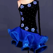 Один рукав Королевский синий цвет матч черный цветок горный хрусталь Латинской румба, ча-ча-ча Танго Сальса vestido латино конкурс платье S-XXXL