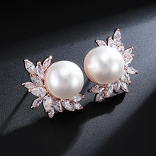 UILZ, классические серьги-гвоздики из розового золота с белым жемчугом для женщин, модные ювелирные изделия, циркониевые серьги для помолвки UE009