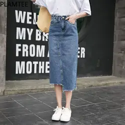 PLAMTEE весна джинсовый юбка с Высокая талия разделение хит цвет карман джинсы для женщин для длинная уличная нерегулярные Faldas Mujer