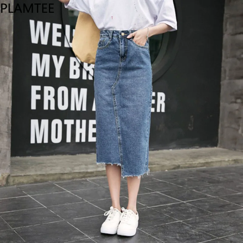 

PLAMTEE Spring Worn Denim Skirt with High Waist Split Hit Color Pocket Jeans Women Long Skirt Streetwear Irregular Faldas Mujer
