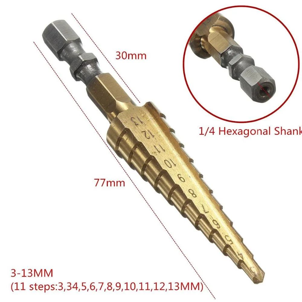 1PC Titanium Step Drill Bit 1/4''Hex Shank Step Cone Drill Bit 313mm
