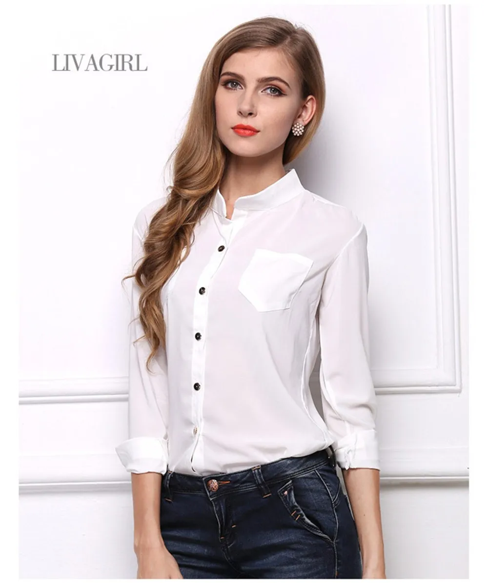 Mainland Women Blouses Fashion Summer Style Long Sleeve Sequin Chiffon Ladies Office Shirt White Blue Tops Formal Working Shirt (14)