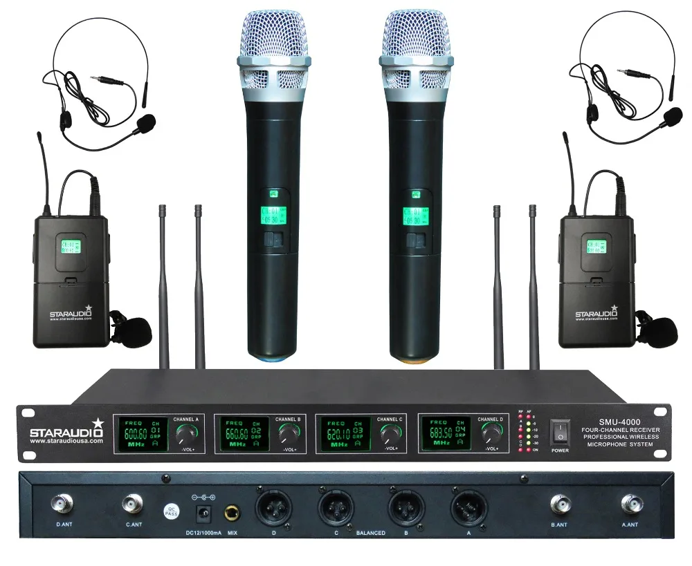new 4ch uhf wireless handheld and headset uhf microphone system 4channel church stage mic 