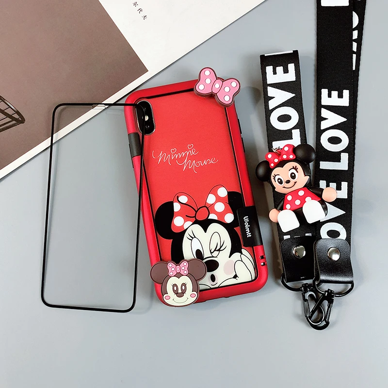 

For iPhone XS max soft bumper + minnie Stitch Tempered Glass Screen film ( Front &Back ) frame for iPhone X pooh mickey flim