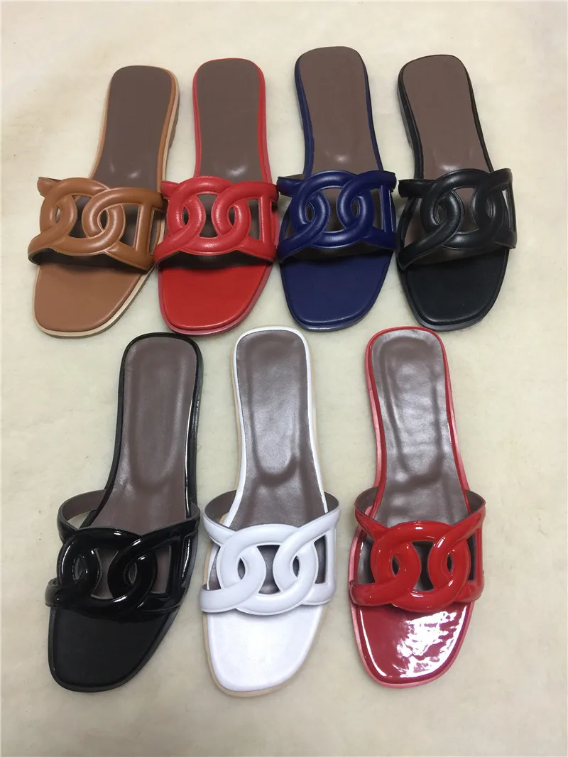 

2019 Hot Summer Woman Slipper Square Toe Leather Shoes Girl Adults Slides Beach Holiday Flats Chic Sapato Feminino Top Quality