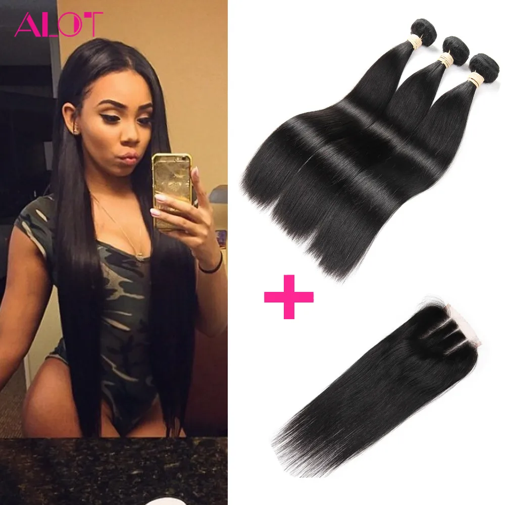 8A Brazilian Virgin Hair With Closure 3 Brazilian Straight Human Hair Weave Bundles With Closure Rosa Hair Products With Closure