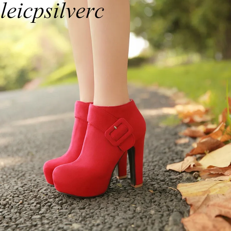 

Women Boots Autumn Winter Warm Flock 2018 New Sexy Fashion Zip Buckle Ankle Boots Black Blue Brown Red High-heeled Martin Shoes