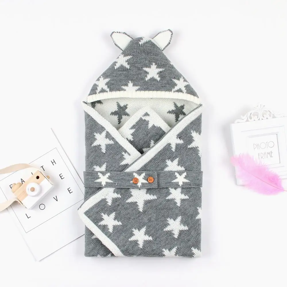 

Baby Sleeping Bags for Stroller Five Star Knitted Cute Bear Newborns Envelopes Spring Acrylic Knit Infant Swaddle Wrap Blankets